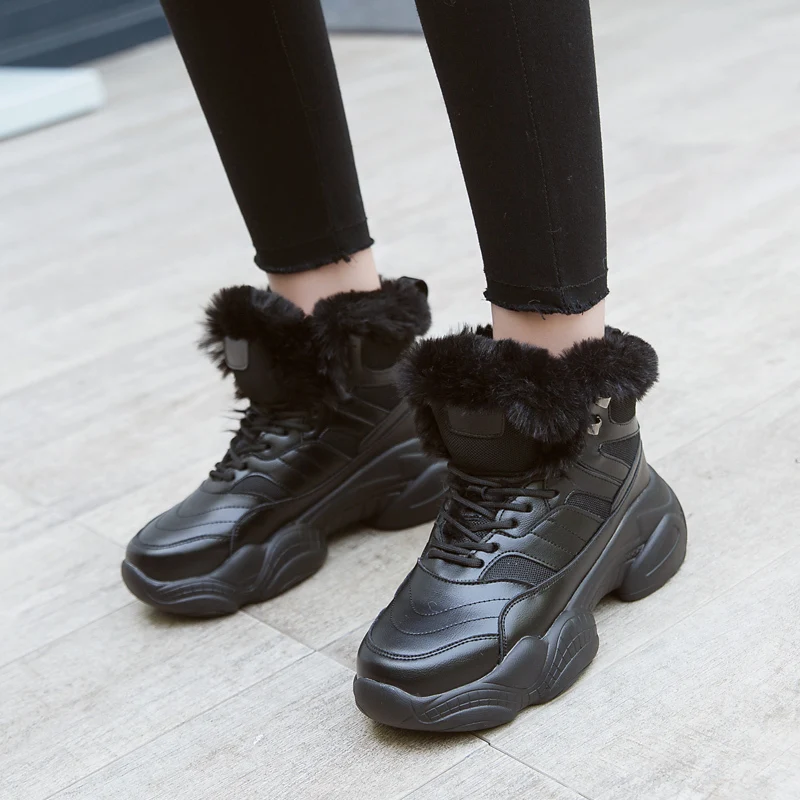 New Thick Sole Women's Winter Sneakers With Fur Sneakers Warm Plush Chunky Sneakers Platform Ladies Snow Boots Shoes Woman