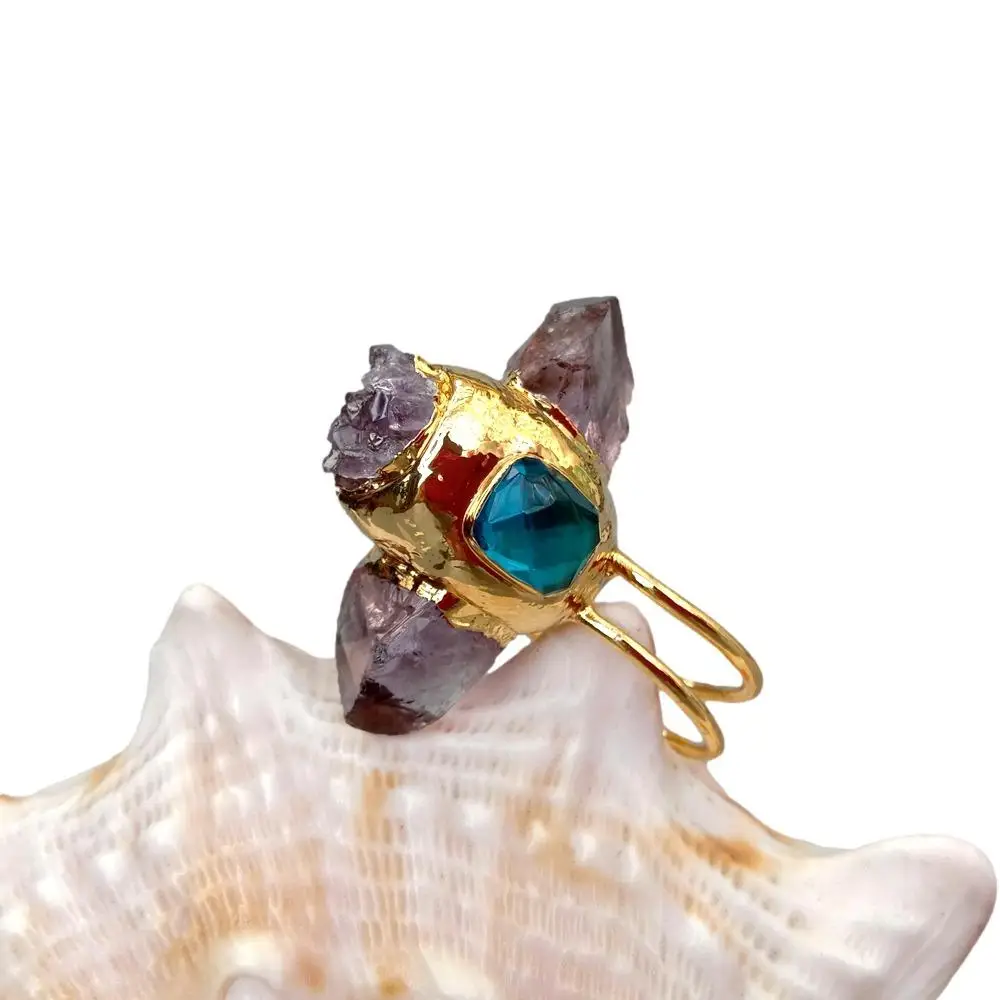 Gemstone Ring Gold Plated Rings YYGEM Natural Purple Amethyst Point Druzy Rough Blue Crystal Ring Gold Plated Adjustable Gems Ring