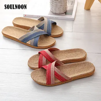 

Women Men Linen Slippers Soft Flat Indoor Home Slippers Couple Summer Casual Flax Slides Lady Beach Shoes Open Toe Flip Flops