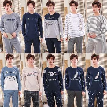 

Men Pajamas Long Sleeve Cotton Youth Middle-aged Spring and Autumn Multi--Winter Style Winter Casual Cartoon Homewear Set