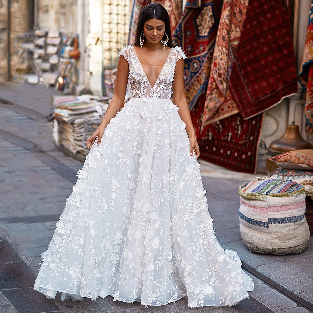 Vestidos largos de chiffon con encaje en escote en V profundo y espalda descubierta Rosa Claro Tallas Grandes