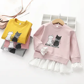 

Casual Autumn Baby Girl Outerwear Cartoon Print Casual Long Sleeve Lace Design Kids Tops