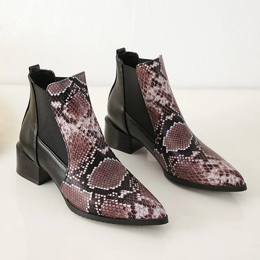 

Boots Women Retro Snake Pattern Patchwork Pointed Toe Booties Ladies Slip-On Leather Ankle Boots Woman Square Heels Shoes 2019