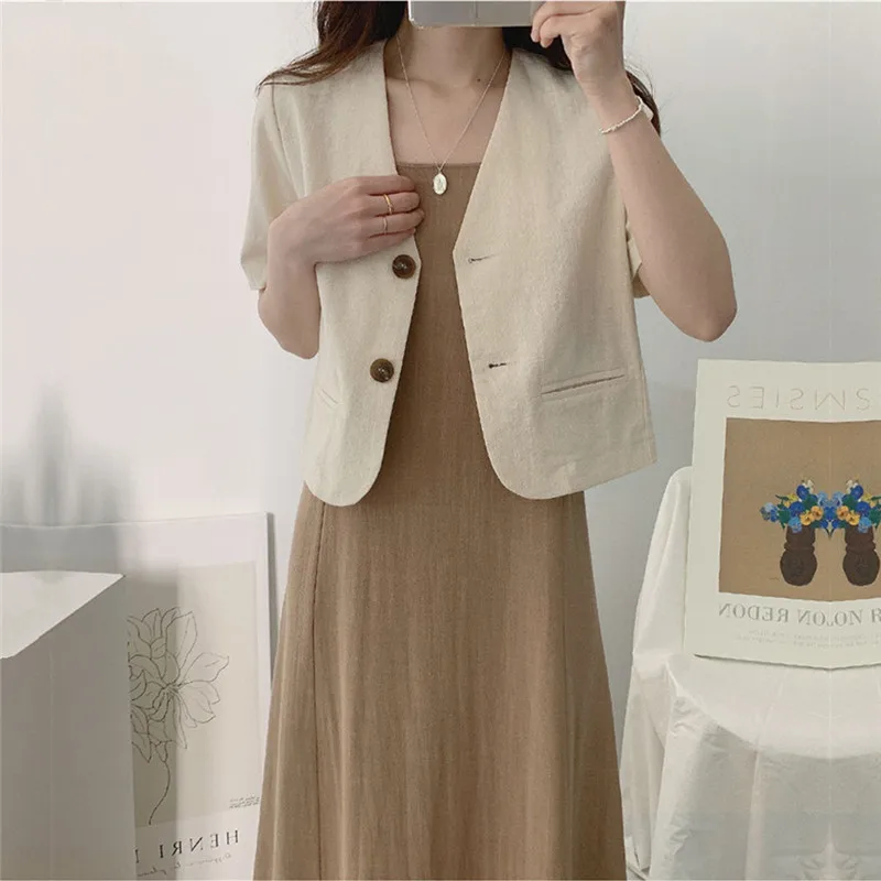 blazer de linho de algodão jaqueta casual feminina coreana com dois botões manga curta
