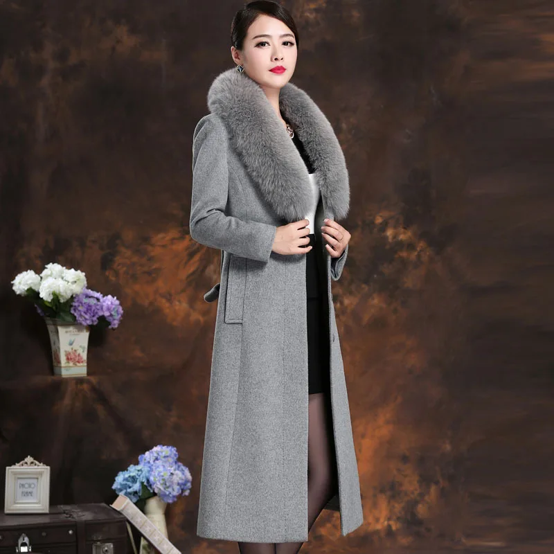 light grey Осень-зима, высококачественное кашемировое пальто, Воротник из лисьего меха, шерстяное пальто, женское длинное шерстяное пальто, большой размер 5XL - Цвет: light grey