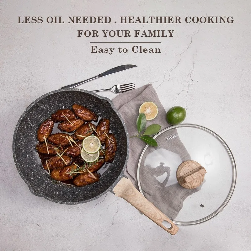 Sun Xiaomi Suitable for Induction Cookers, Carote 24cm/28cm/30cm/32cm Non-stick Deep Fry Pan with Free Gift, Smokeless Cookware