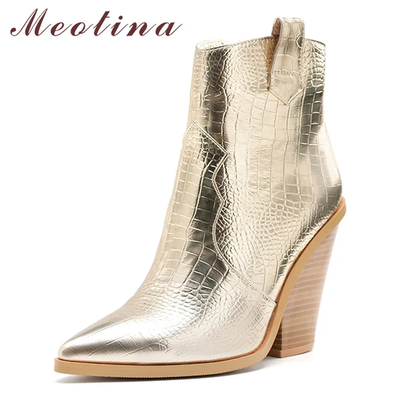 Meotina/Брендовые женские ботинки; осенние ботинки в западном стиле; ботильоны на высоком каблуке в необычном стиле; обувь с острым носком на молнии; женская зимняя обувь; большие размеры 46