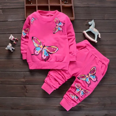 Весенняя модная одежда для девочек детские спортивные комплекты Осенние повседневные Детские костюмы хлопковая рубашка с длинными рукавами и принтом бабочки+ штаны, 2 предмета