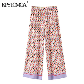 

KPYTOMOA Women 2020 Chic Fashion Geometric Print Straight Pants Vintage High Elastic Waist Female Ankle Trousers Pantalones