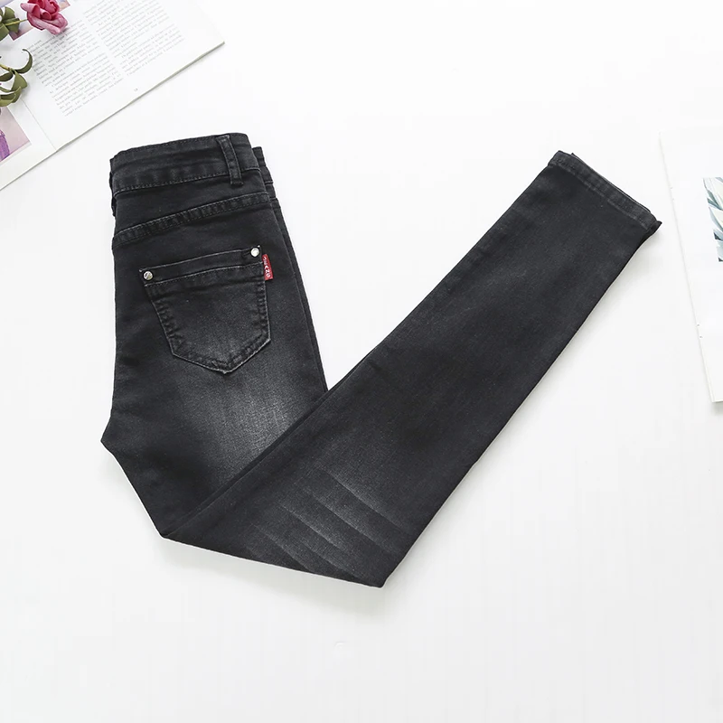 Dark grey Классические синие эластичные хлопковые джинсы с завышенной талией и эффектом потертости; модные обтягивающие джинсы для девочек; сезон весна-лето - Цвет: Dark grey