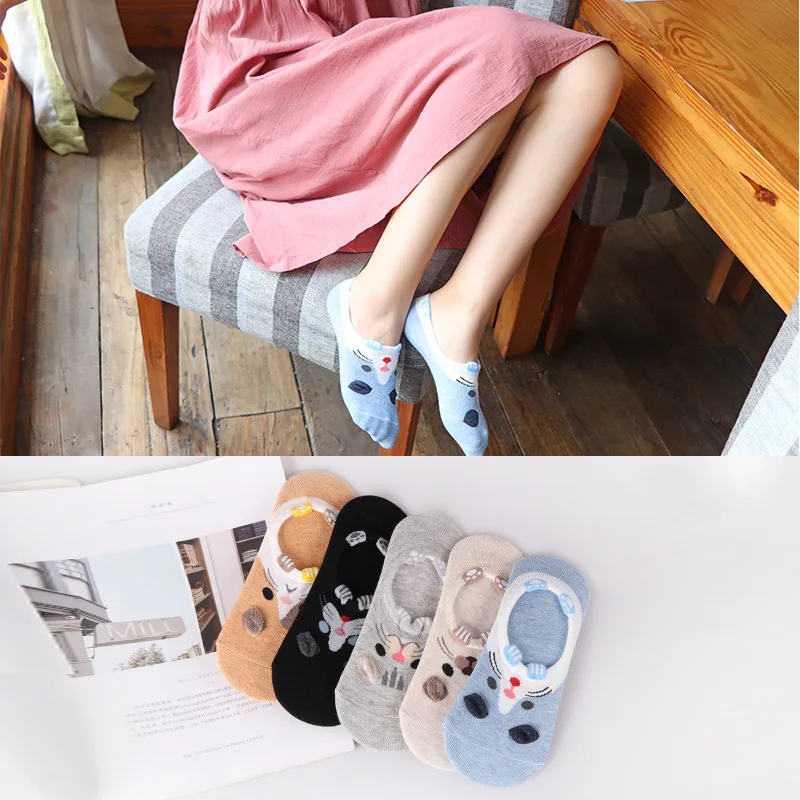 

10 Piece=5 Pairs/lot Cute Harajuku Animal Socks Women Summer Korean Cat Bear Rabbit Funny Low Cut Ankle Sock Happy Sox