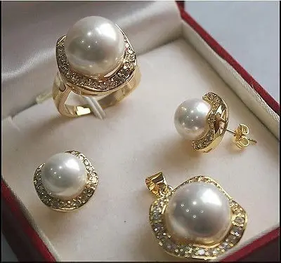 DYY Free &gt&gt AAA 10mm &amp14mm White South sea Shell Pearl Earrings Necklace Ring Set A01 | Украшения и аксессуары