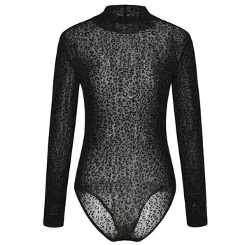 

Leopard Women Bodysuit Mesh See Through Bodysuits Woman Long Sleeve Bodysuit High Street High Neck Jumpsuit Skinny Romper