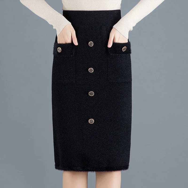 

Faux Mink Cashmere Knitted Skirt Autumn And Winter Women's High-waisted Mid-length Skirt Pocket Elasticity Slimming One-step Ski