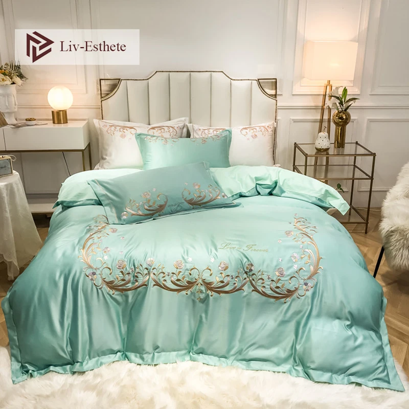 

Liv-Esthete Luxury 100% A Silk B Cotton European Green Bedding Set Healthy Duvet Cover Set Bed Sheet Double Queen King Bed Linen