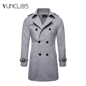 

YUNCLOS Men's Trench Coat Polyester Cotton Woolen Winter Long Double Breasted Overcoat Slim Fit Warm Pea Coat S-2XL