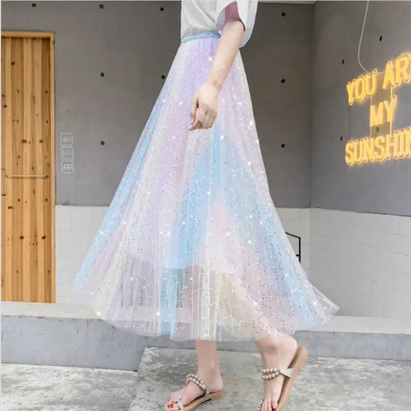 

Sequined Rainbow Long Tulle Skirts Sweet Bling Bling A-line Pleated Calf Mesh Skirts