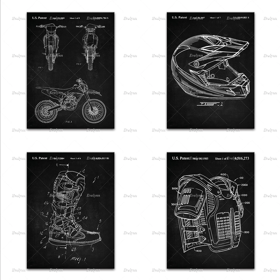 Dirt Bike Patent Posters Motocross Art Helmet Body Armor Motorbike Boots Decor Home Prints Wall Canvas Gift | Дом и сад