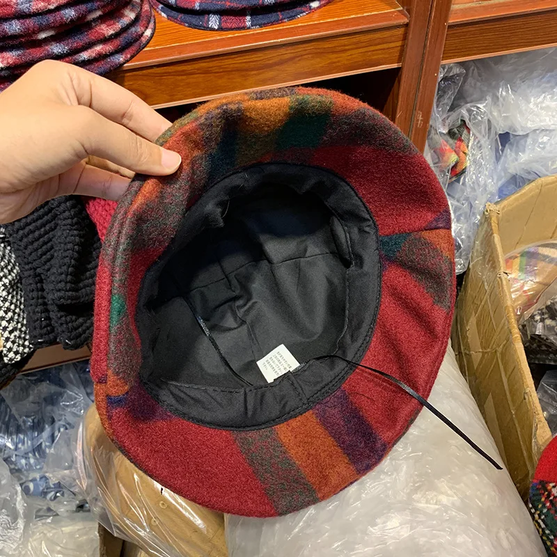 Autumn Winter Women Wool Blend Bucket Hat Red Blue Colorful Plaid Fisherman Hats Fashion Casual Street Dome Visor Cap Adjustable