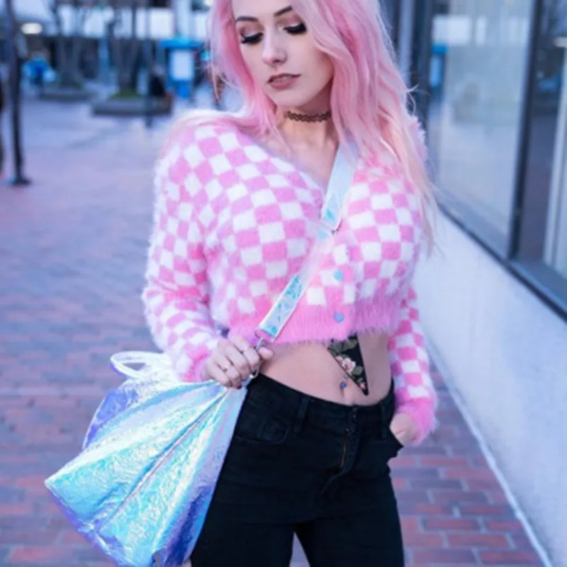 

E girl Cardigan Female Pink Ladies Argyle Sweater v Neck Jumpers Undefined Za 2020 Long Sleeve Women Y2K Button Up Korean Sweet