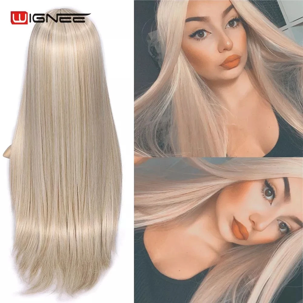 Wignee Long Natural Straight Wig Blonde Middle Part Cosplay Party Lolita Synthetic Wigs for Women Heat Resistant Fiber