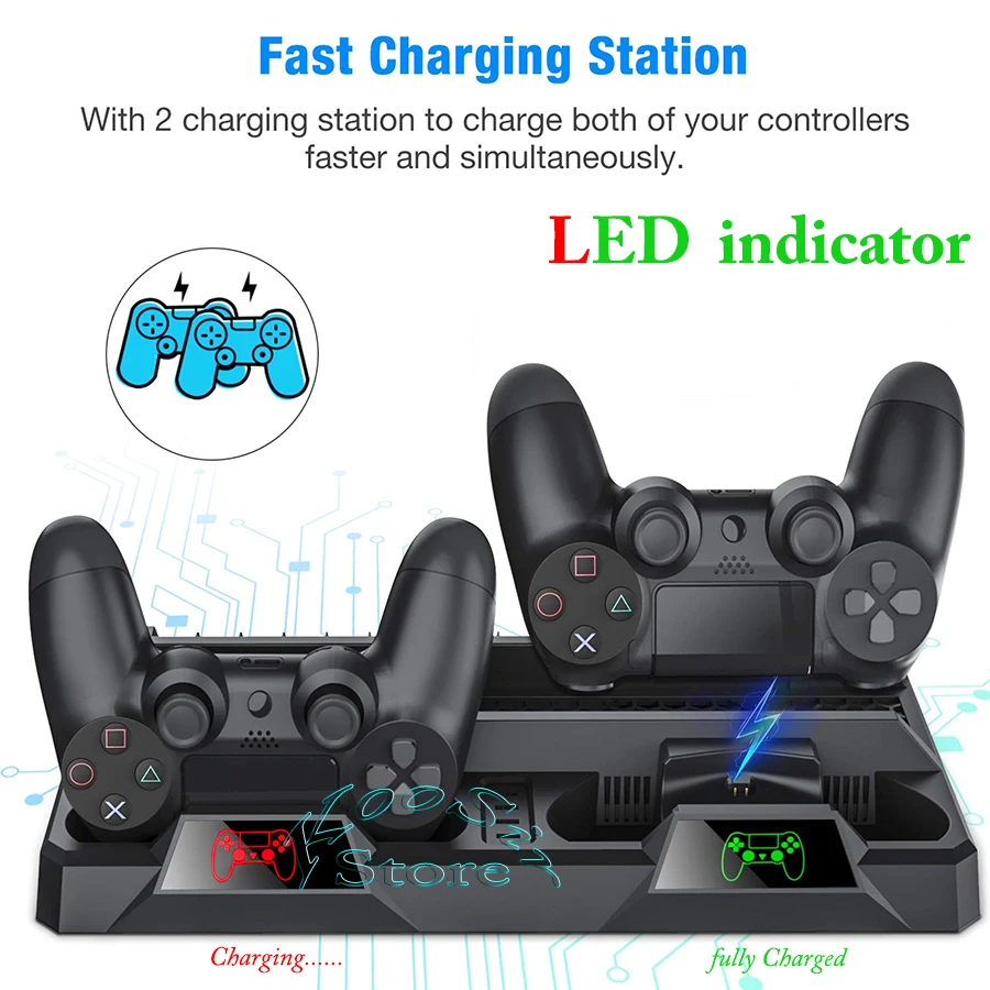  PS4 Pro Slim Console Stand Cooling Fan Controller Charger Charging Dock Games CD Storage Play Stati