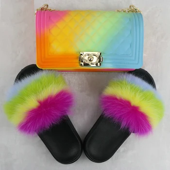 

Real Fur Furry Slippers Women Summer Shoes Bag Set Rainbow Handbag Plus Size Fur Slides Women's Shoes 2020 Jelly Shoulder Bag