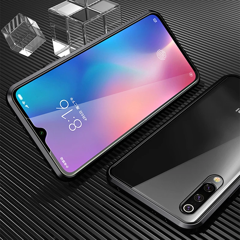 Чехол из металлического стекла с магнитной адсорбцией для Xiaomi mi 9 se 9t lite A3 cc9 cc9e funda Red mi Note 7 8 5 6 K20 Pro Двусторонняя крышка - Цвет: Black