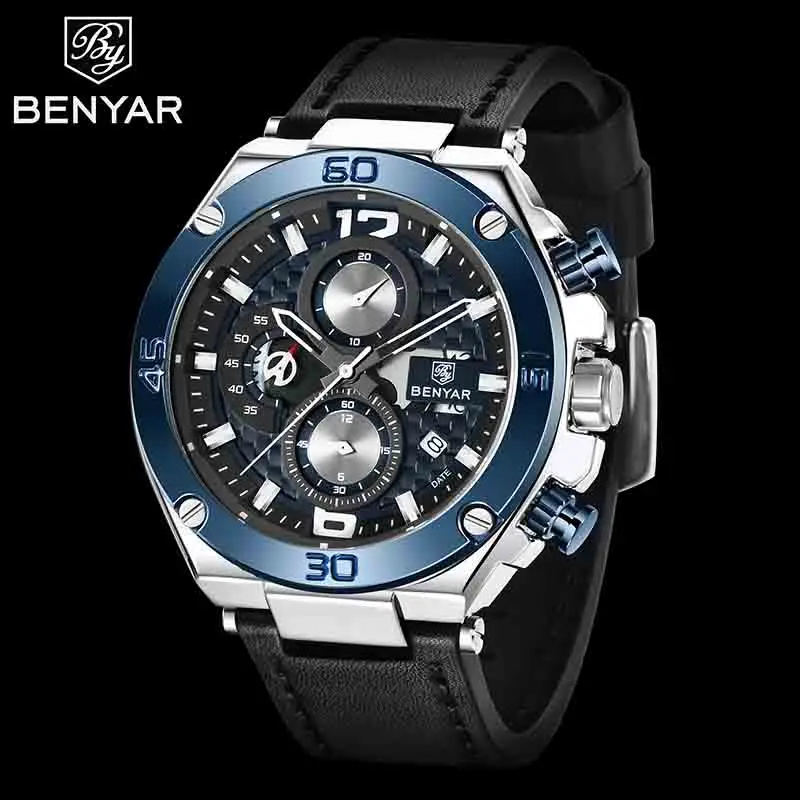 Топ люксовый бренд BENYAR часы мужские черные кварцевые мужские s часы хронограф кожаные мужские наручные часы светящиеся Relogio Masculino - Цвет: Blue Black