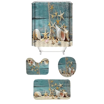 

Beach Style Waterproof Bathroom Shower Curtain Toilet Cover Mat Non-Slip Rug Set with Hook