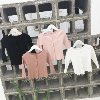 

Spring children's pure color outside girl's ear edge knitting cardigan coat thin baby girl sweater top sweater kids sweaters