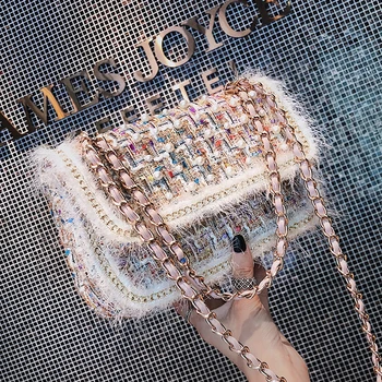 

Fashion Designer Handbag Quality Woolen Plush bag for women 2019 Pearl Chain Shoulder Messenger bag Simple Square bag