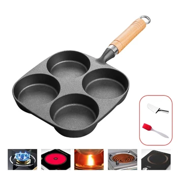 

4 Holes Omelet Pan Burger Eggs Ham PanCake Maker Frying Pans Non-stick Breakfast Cooking Pot with Shovel Brush