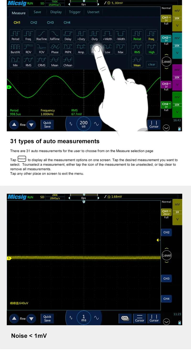 Micsig цифровой планшетный осциллограф TO1104 100 МГц 4CH 28Mpts автомобильный диагностический сенсорный цифровой осциллограф продажи