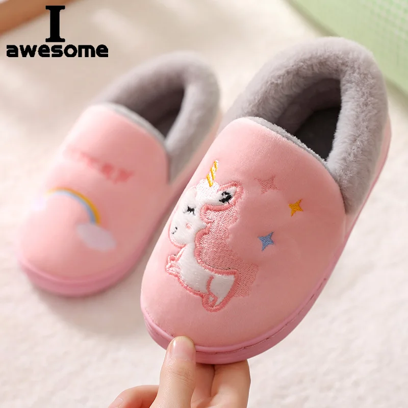 New Unicorn Kids Slippers For Toddler Boys Indoor Shoes Baby Girl Fur Slides Cotton Flip Flop Warm Winter House Children Slipper