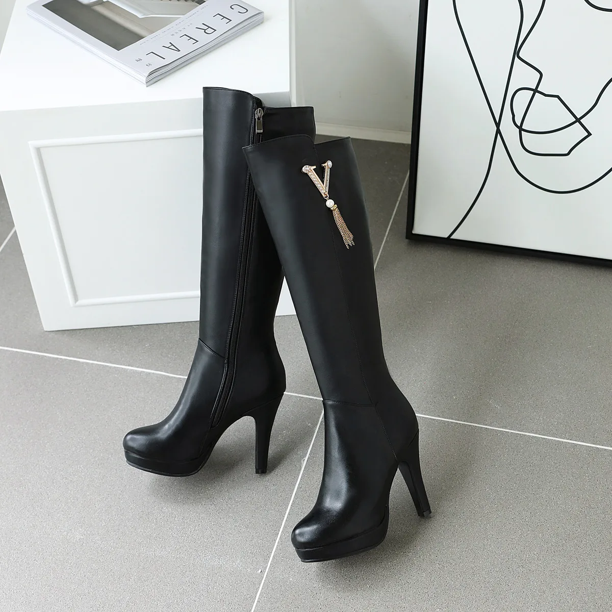 Г. Сапоги женские зимние сапоги до колена высокие сапоги на платформе и высоком каблуке 10,5 см Большой размер 43, пикантная обувь с круглым носком женская обувь черного цвета