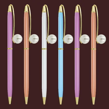 

10pcs/lot New Style Pearl Ballpoint Pen Metal Material Rotating Ballpen School Office Students Gift Stationery Black blue Ink