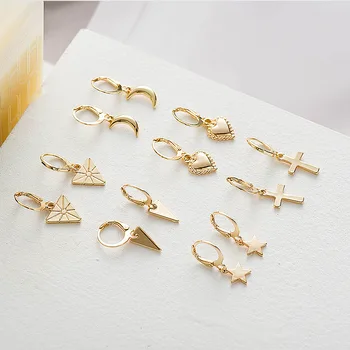 

Trendy Geometric Metal Alloy Earrings Gold Cross Star Drop Earrings For Women Heart Triangle Moon Circle Geometric Earrings