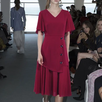 

Runway Sexy V-Neck Short-Sleeved Buttons Irregular Stitching Black Mid-Length Dress Women'S Spring And Summer High Quality