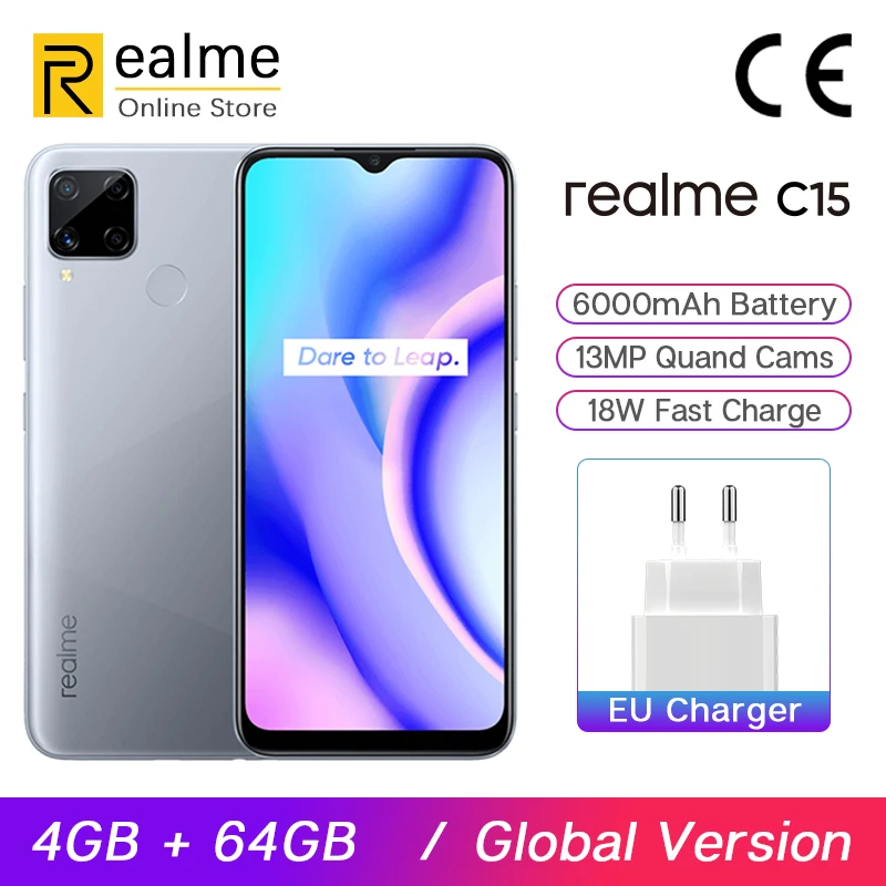 Глобальная версия Realme C15 смартфон 4 Гб 64 6 5 ''мини-капля Экран 13MP AI Quad камеры Helio