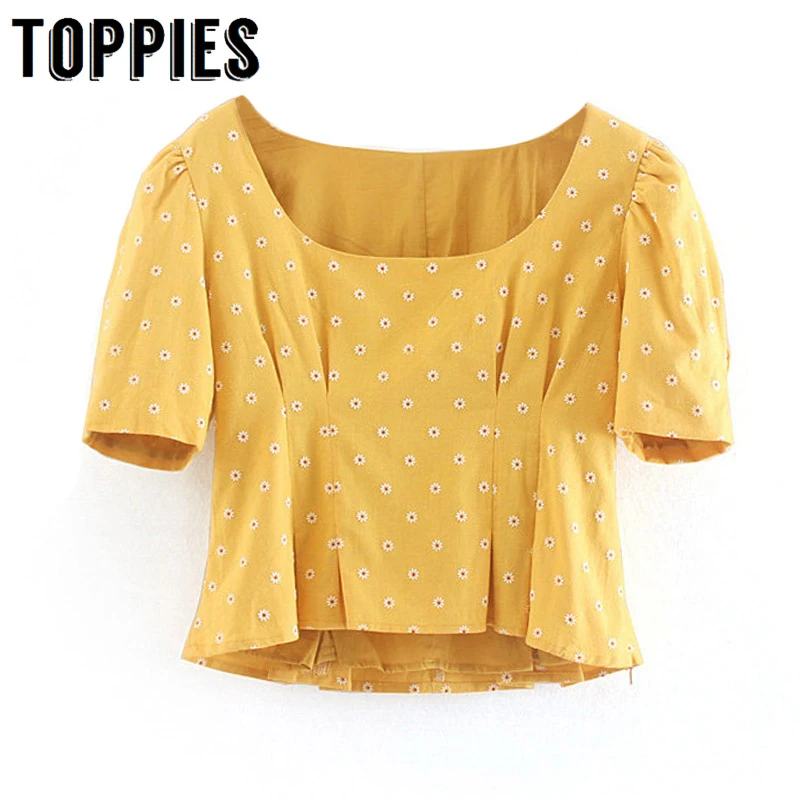

Yellow Flower Printing Embroidery Shirt Sexy Square Collar Cropped Tops Vacation Beach Blouses Tops Women Clothes