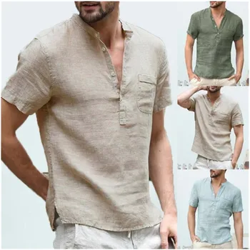 

Men's Short Sleeve Blouse New Cotton Linen Solid Color Loose Pullover V-Neck Tee Shirt Fashion Casual Breathable Exercise Tops M