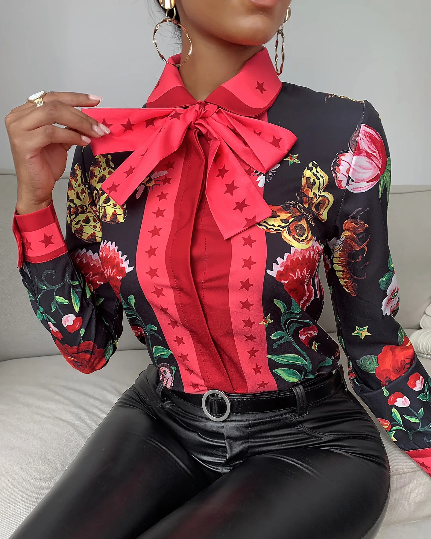 2020 Women Casual Autumn Turn-down Collar Chic Chiffon Blouse Tie Neck Floral Butterfly Print Long Sleeve Blouse Ladies Shirt womens shirts