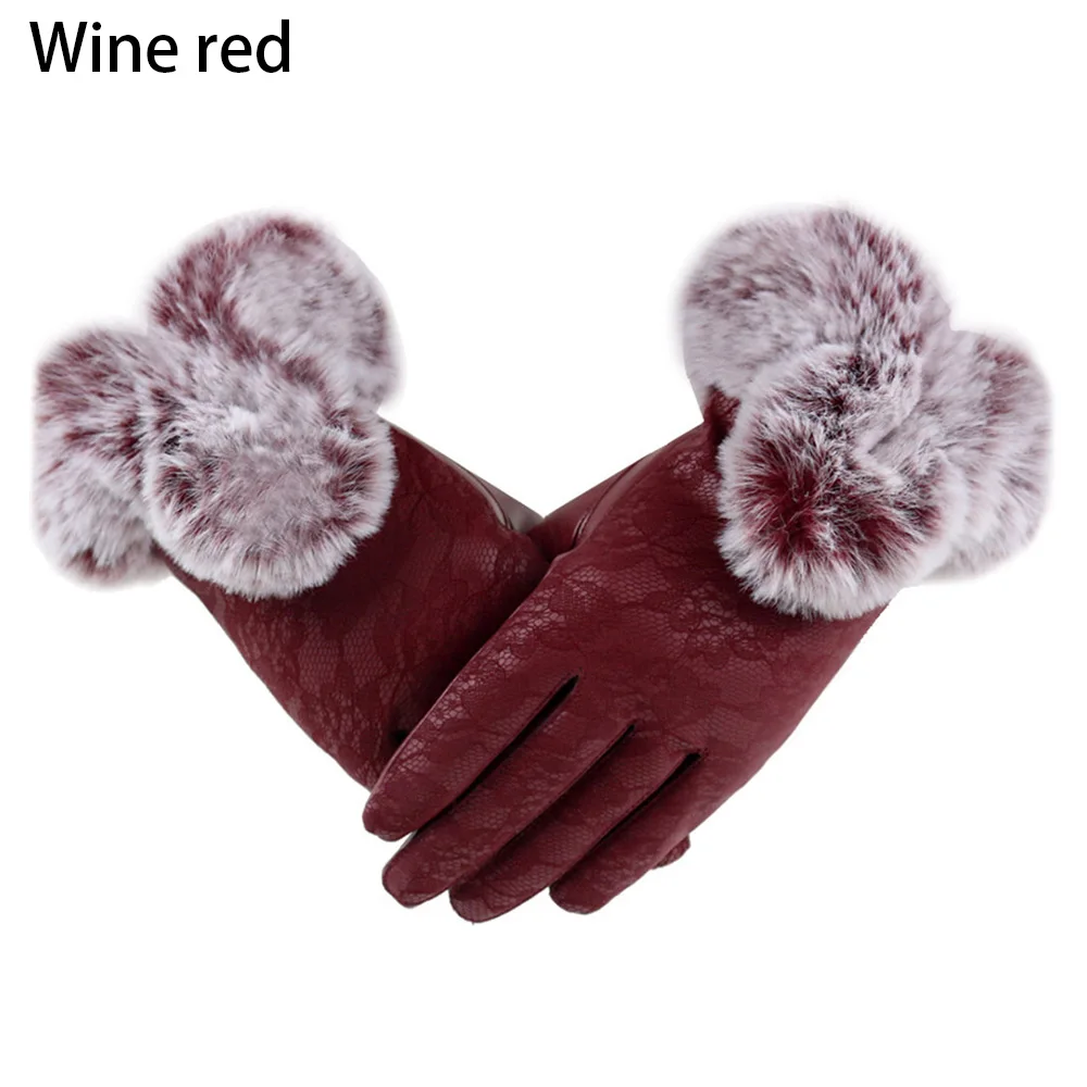 wine red Новинка, 1 пара женских перчаток из искусственного меха, сохраняющие тепло, женские зимние Бархатные рукавицы, велосипедные рукавицы для телефона, кожаные перчатки - Цвет: wine red