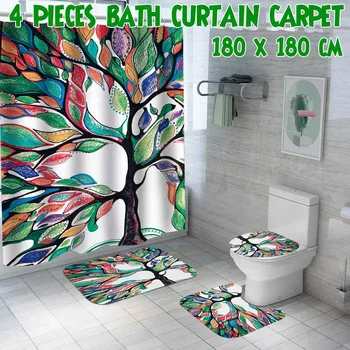 

Colorful Tree Waterproof Shower Curtain Set Non-Slip Rugs Toilet Cover and Bath Mat Waterproof Bathroom Curtains Home Decoration