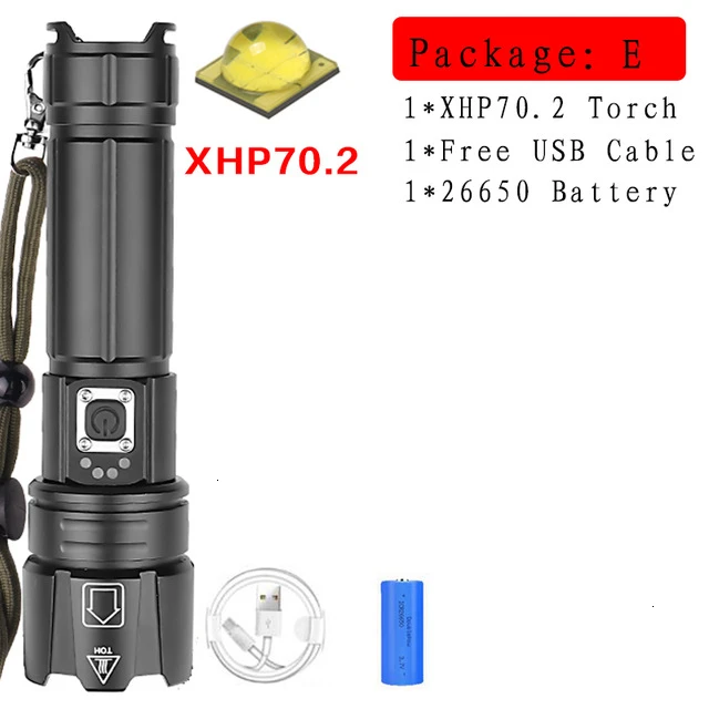 Brightest XHP90 Rechargeable LED Flashlight Powerful XHP70.2 Torch Super Waterproof Zoom Hunting Light Use 18650 or 26650 Battey - Испускаемый цвет: Package E-XHP70.2