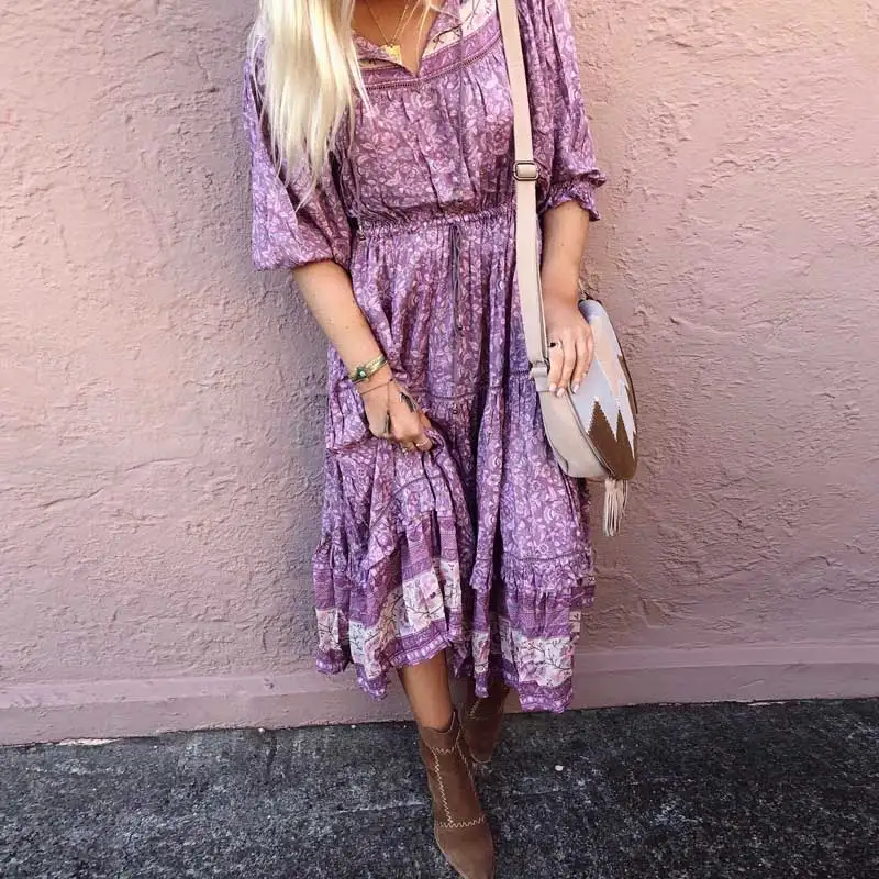 Женское кружевное платье с длинным рукавом BOHO фиолетовое ажурное v образным