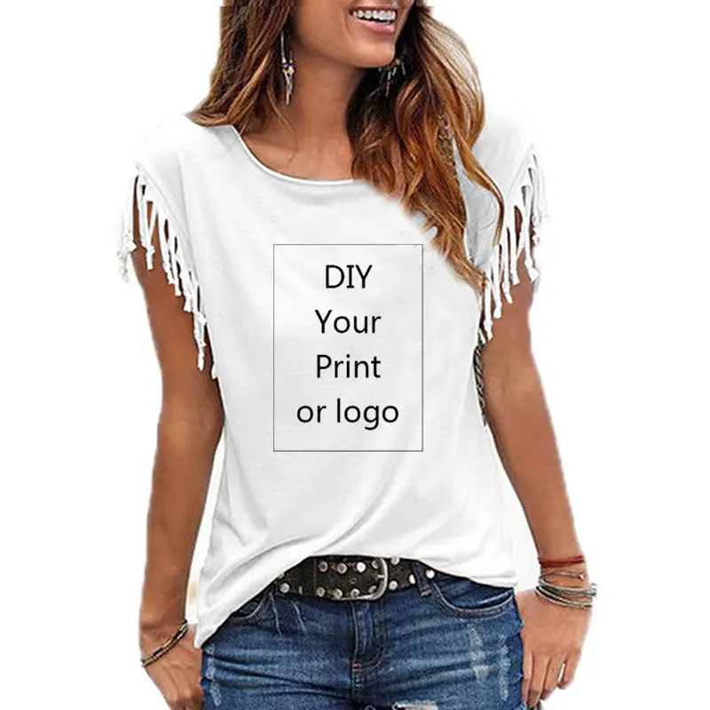 Customized Print T Shirt for Women DIY Your Like Photo or Logo Top Cotton Tassel Short Sleeve O-neck Cotton Tee 4