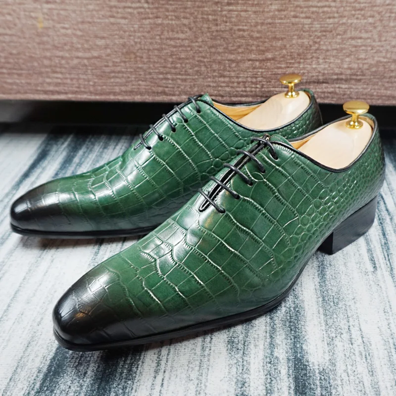 LUXURY MEN OXFORD SHOES GREEN BLACK CROCODILE PRINT LACE UP CASUAL MEN DRESS SHOES OFFICE WEDDING PARTY GENUINE LEATHER MAN SHOE