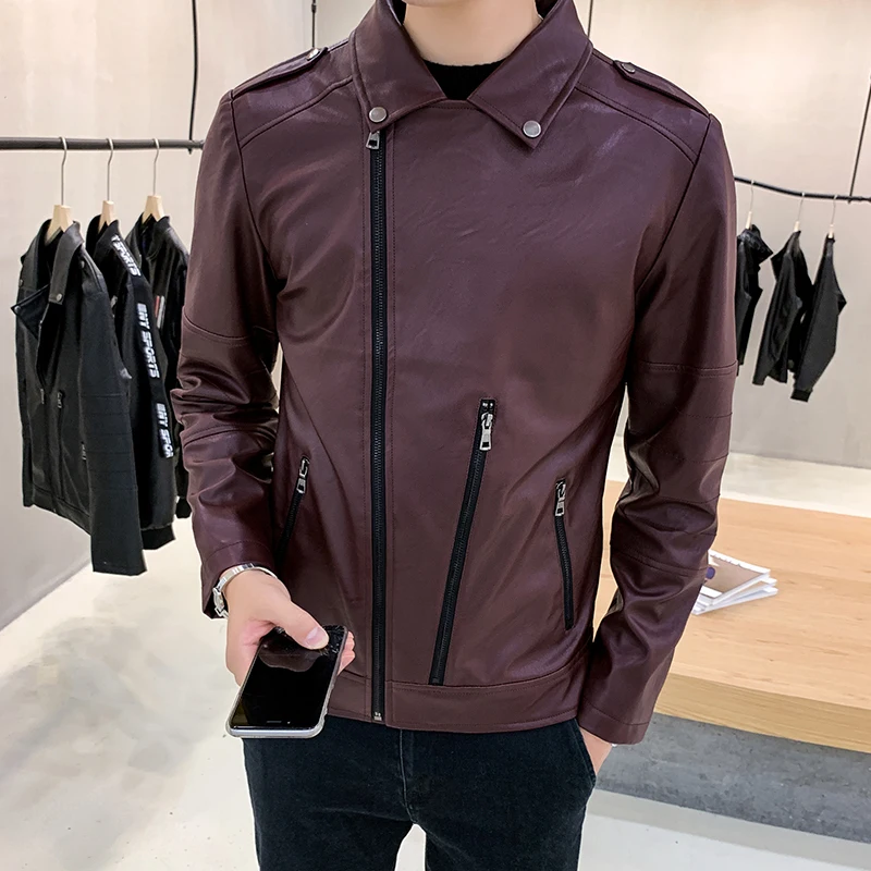 Модные Jaqueta De Couro Slim Fit Chaqueta Cuero Hombre черная мотоциклетная мужская куртка Chaqueta Hombre мужская кожаная куртка винно-красного цвета